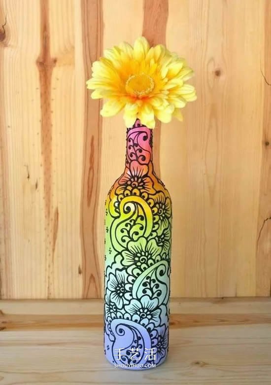 彩绘酒瓶创意手工图片丙烯手绘玻璃瓶diy