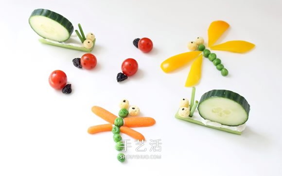 分享一个用蔬菜,谷物等拼出蜻蜓,蜗牛,瓢虫等的教程,不但好看,可爱,说